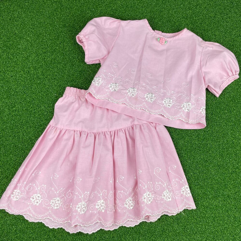 Vintage 90s Mix n' Match Kids Pink Embroidered Puff Sleeve Top Skirt Set Sz 6X